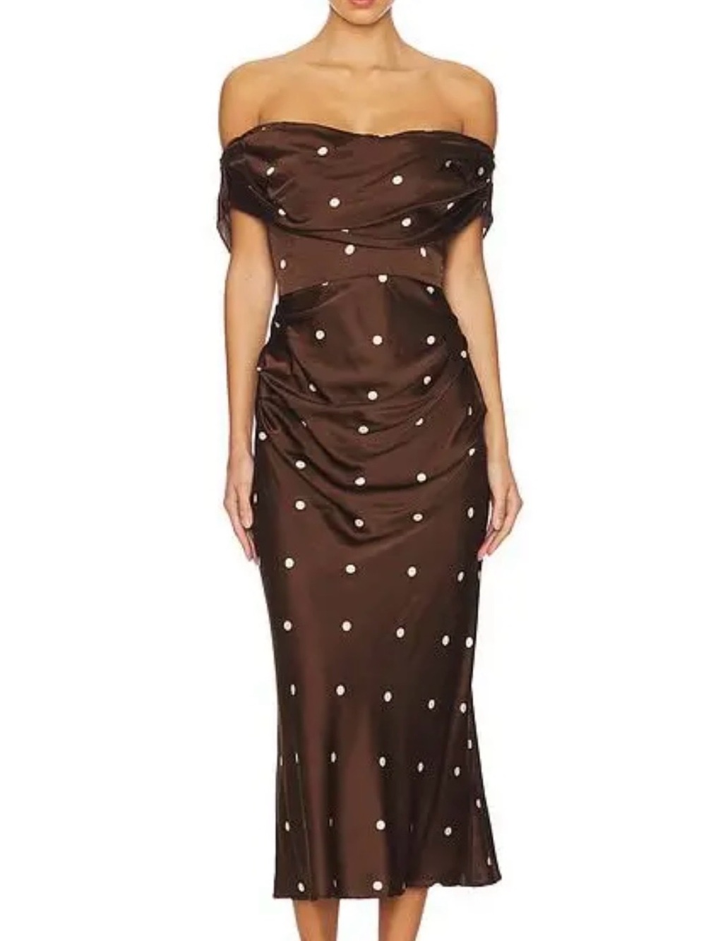 LPA Luisa Off-Shoulder Brown Polka Dot Satin Midi Dress XS NWT